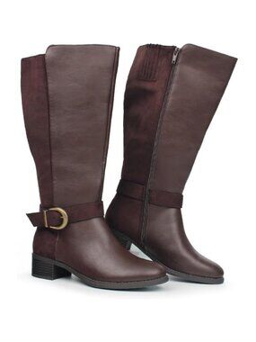 Women's Extra Wide Calf Pull On Side Zipper Zip Closure Knee High Brown Boots